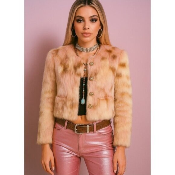 NIMO WANG Faux Fur Jacket Multicolor Pink Brown White |Boho Statement Outerwear - Picture 1 of 13